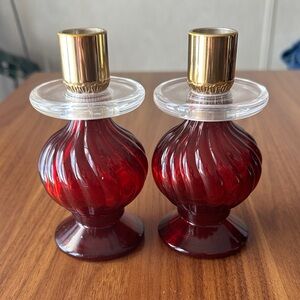 EUC Vintage Avon Red and Gold Glass Candle Holders (Empty Cologne Bottles) 1970s
